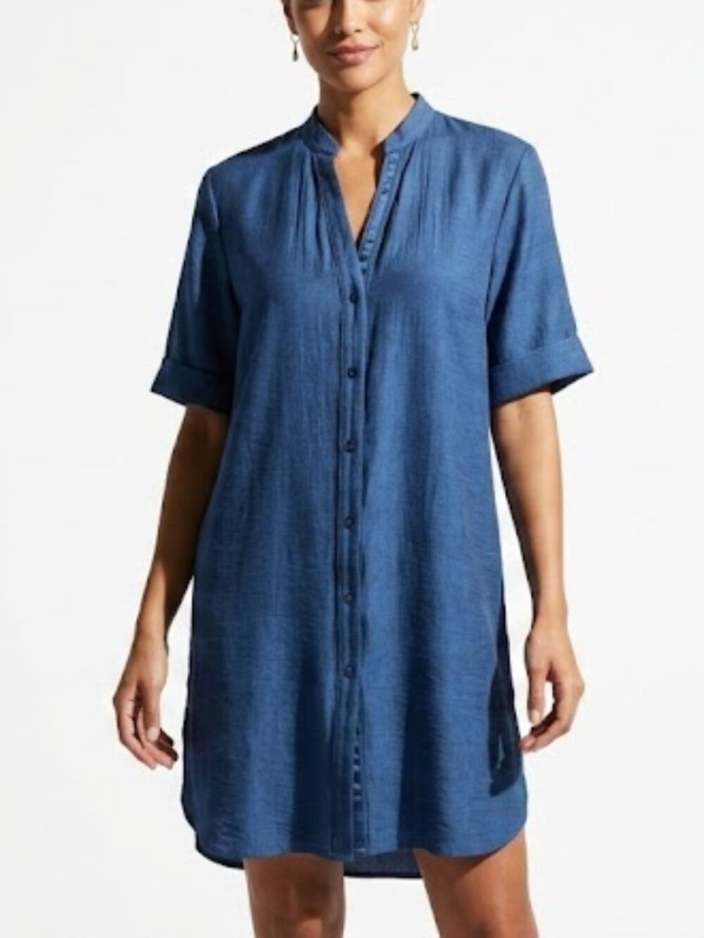 Chicos Blue Linen Blend Tunic Dress Size 2 US 12 14 Coastal Lagenlook Shirtdress